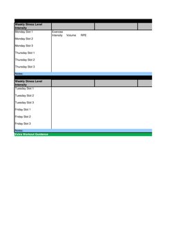 Weekly Stress Level
Intensity
Monday Slot 1
Exercise
Intensity
Volume
RPE
Monday Slot 2
Monday Slot 3
Thursday Slot 1
Thursda