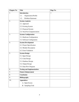 4 
 
Chapter No 
Title 
Page No 
1. 
Introduction 
1.1. 
Organization Profile 
1.2. 
Problem Statement 
1 
2. 
System Analysi