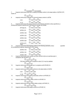 Acceptable 
 Unacceptable
7.
Inspector shall ensure fixed and or floating roof plates conform to the latest edition of ASTM