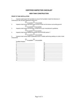 CERTIFIED INSPECTOR CHECKLIST
NEW TANK CONSTRUCTION
PRIOR TO TANK INSTALLATION
1.
Inspector shall inspect the foundation to e