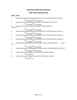 CERTIFIED INSPECTOR CHECKLIST
NEW TANK CONSTRUCTION
SMALL TANKS
1.
Inspector shall ensure that material specifications confor