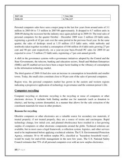 10 | P a g e  
 
2007-08  
7,344,306 
2008-09  
6,796,107 
 
Personal computers sales have seen a major jump in the last few