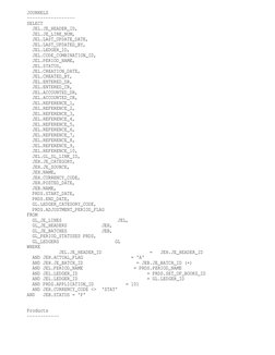 JOURNELS
------------------
SELECT 
  JEL.JE_HEADER_ID,
  JEL.JE_LINE_NUM,
  JEL.LAST_UPDATE_DATE,
  JEL.LAST_UPDATED_BY,
  J