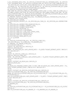 S_ALL.EXCHANGE_RATE_TYPE, AP_INVOICE_DISTRIBUTIONS_ALL.EXCHANGE_RATE, AP_INVOICE
S_ALL.EXCHANGE_RATE, AP_INVOICE_DISTRIBUTION