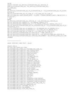 UNION
SELECT DISTINCT AP_INVOICE_DISTRIBUTIONS_ALL.INVOICE_ID
FROM PO_DISTRIBUTIONS_ALL, AP_INVOICE_DISTRIBUTIONS_ALL,
PO_LIN