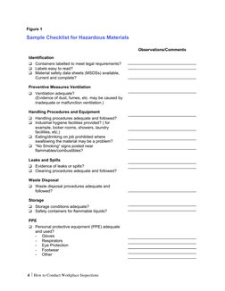 4  š How to Conduct Workplace Inspections
Figure 1
Sample Checklist for Hazardous Materials
Observations/Comments
Identifica