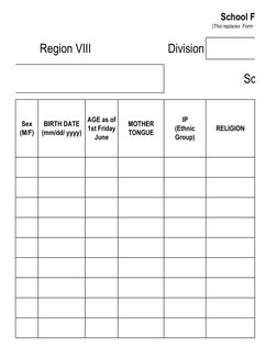 School Form 1
(This replaces  Form 1, Master Li
Sex 
(M/F)
BIRTH DATE  
(mm/dd/ yyyy)
MOTHER 
TONGUE
IP 
(Ethnic 
Group)
Regi