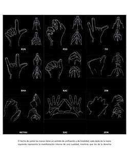 RIN 
PIO 
TO 
 
 
 
SHA 
KAI 
JIN 
 
 
 
RETSU 
ZAI 
ZEN 
 
El hecho de juntar las manos tiene un sentido de unificació