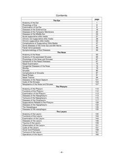 - 8 - 
Contents 
 
The Ear 
page 
Anatomy of the Ear 
1 
Physiology of Ear 
8 
Examination of the Ear 
9 
Diseases of the