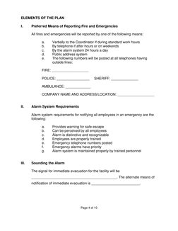 Page 4 of 10
ELEMENTS OF THE PLAN 
 
I. 
Preferred Means of Reporting Fire and Emergencies 
 
 
All fires and emergencies w