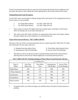 9
Circuit overcurrent protection devices must be sized to protect the branch-circuit conductors and
also allow the motor to s