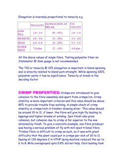 Elongation is inversely proportional to tenacity e.g
 
TENACITY ELONGATION AT 
BREAK
T10 
VALUES
LOW 
PILL
3.0 - 3.5
45 - 55%