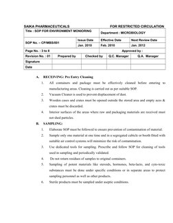 SAIKA PHARMACEUTICALS                                           FOR RESTRICTED CIRCULATION
Title : SOP FOR ENVIRONMENT MONIO