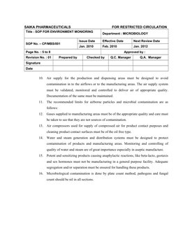 SAIKA PHARMACEUTICALS                                           FOR RESTRICTED CIRCULATION
Title : SOP FOR ENVIRONMENT MONIO