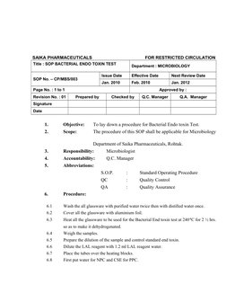 SAIKA PHARMACEUTICALS                                           FOR RESTRICTED CIRCULATION
Title : SOP BACTERIAL ENDO TOXIN