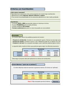 Criterios con Incertidumbre
¿Qué vamos a aprender?
- Aprenderemos a seleccionar entre varios proyectos de inversión bajo ince