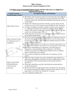 Office of Science 
Project Lessons Learned Template for CD-4 
10 
January 30, 2012 
 
List three areas of potential improveme