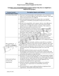 Office of Science 
Project Lessons Learned Template for Post CD-3 
 
5 
January 30, 2012 
 
List three areas of potential imp