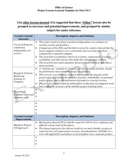Office of Science 
Project Lessons Learned Template for Post CD-3 
 
6 
January 30, 2012 
 
 
 
List other lessons learned. I