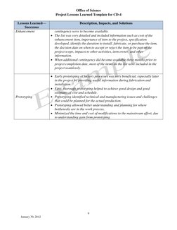 Office of Science 
Project Lessons Learned Template for CD-4 
9 
January 30, 2012 
 
Lessons Learned—
Successes 
Description,