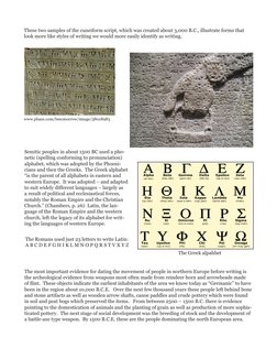 These two samples of the cuneiform script, which was created about 3,000 B.C., illustrate forms that 
look more like styles o