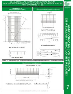 REJIMEX
7
TOLERANCIA DE FABRICACION
DE REJILLAS Y ESCALONES REJIMEX
DE ACUERDO A LAS NORMAS DE SEGURIDAD (NAAMM)
NATIONAL ASS