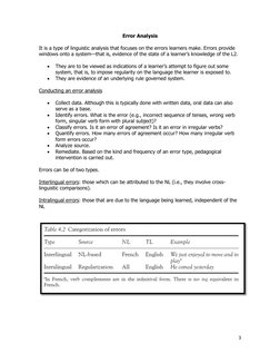 3 
 
Error Analysis 
 
It is a type of linguistic analysis that focuses on the errors learners make. Errors provide 
window