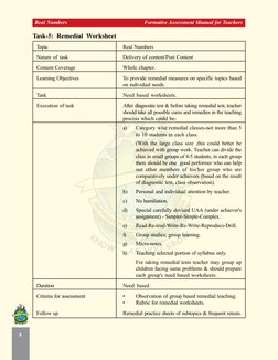 1
QWV
8
Real Numbers
Formative Assessment Manual for Teachers
Task-5: Remedial Worksheet
7RSLF
5HDO1XPEHUV
1DWXUHRIWDVN
'H