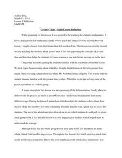 Ashley Sims  
March 15, 2014 
Lesson 2 Reflection 
EduG 858 
 
Greater Than – Math Lesson Reflection 
 
 
While preparing for