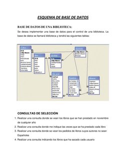 ESQUEMA DE BASE DE DATOS 
 
BASE DE DATOS DE UNA BIBLIOTECA: 
Se desea implementar una base de datos para el control de una b