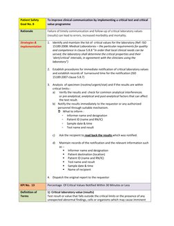Patient Safety 
Goal No. 8 
To improve clinical communication by implementing a critical test and critical 
value programme