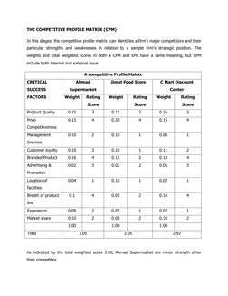 THE COMPETITIVE PROFILE MATRIX (CPM) 
In this stages, the competitive profile matrix  can identifies a firm’s major competiti