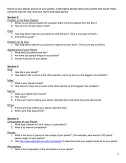 2 
Name of your planet, picture of your planet, a descriptive phrase about your planet that would make 
someone want to vis