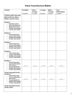 5 
Planet Travel Brochure Rubric 
 
Criteria 
Excellent 
 
10 points 
Above 
Average 
8  points 
Average 
 
6 points 
Below