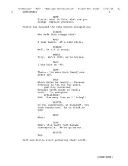 JEFF
Pierce, what is this, what are you 
doing?  Explain yourself.
Pierce has mangled the cake beyond recognition.
PIERCE
Who