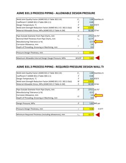 ASME B31.3 PROCESS PIPING - ALLOWABLE DESIGN PRESSURE
Weld Joint Quality Factor (ASME B31.3 Table 302.3.4)
E j
1.00 Seamless