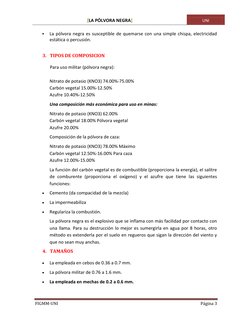 [LA PÓLVORA NEGRA] 
UNI 
 
FIGMM-UNI 
Página 3 
 
 
La pólvora negra es susceptible de quemarse con una simple chispa, elect