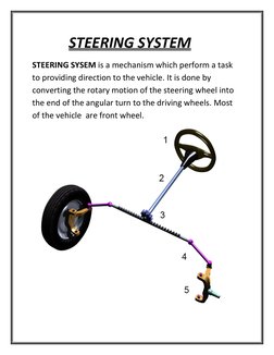 STEERING SYSTEM 
STEERING SYSEM is a mechanism which perform a task 
to providing direction to the vehicle. It is d