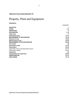 1
 Myanmar Accounting Standard 16 
Property, Plant and Equipment
CONTENTS 
paragraphs
OBJECTIVE 
1
SCOPE 
2–5
DEFINITIONS 
6