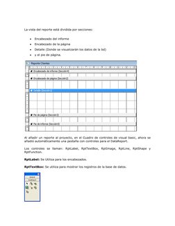 La vista del reporte está dividida por secciones: 
 
Encabezado del informe 
 
Encabezado de la página 
 
Detalle (Dond