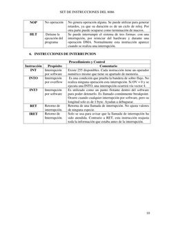 SET DE INSTRUCCIONES DEL 8086 
 
10
NOP 
No operación 
No genera operación alguna. Se puede utilizar para generar 
retardos,
