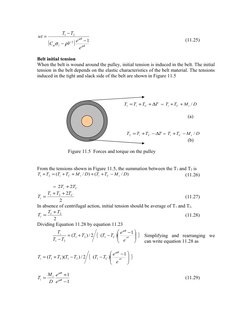 (
)
µθ
µθ
α
ρ
σ
e
e
V
C
T
T
wt
t
1
2
2
1
−
−
−
=
(11.25)
Belt initial tension
When the belt is wound around the pulley, initi