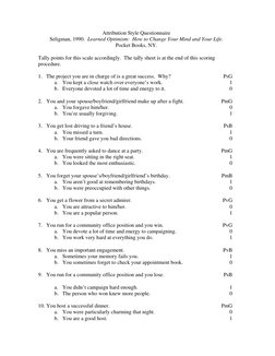 Attribution Style Questionnaire 
Seligman, 1990.  Learned Optimism:  How to Change Your Mind and Your Life.  
Pocket Books, N