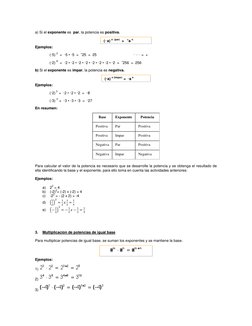 a) Si el exponente es  par, la potencia es positiva. 
(_ a) n  (par)   =   +a n 
Ejemplos: 
              (_5) 2  =  _5 • _5