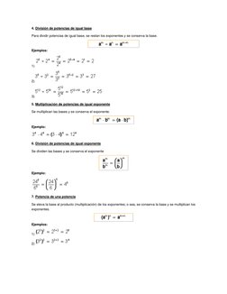 4. División de potencias de igual base 
Para dividir potencias de igual base, se restan los exponentes y se conserva la base.