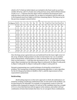 which is 54. To find out which objects are included in the final result we can have 
another 2D array, call it Y, of same siz