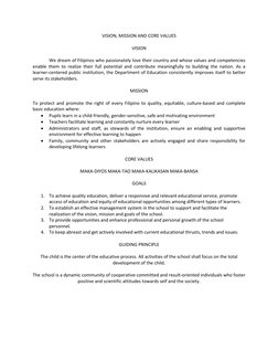 VISION, MISSION AND CORE VALUES 
 
VISION 
 
 
We dream of Filipinos who passionately love their country and whose values and
