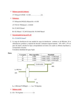 Balance parcial (tolueno) 
37.783kmol=0.992R + 0.15D ……………..…(2) 
 Entonces: 
37.783kmol=0.992(82.45kmol-D) + 0.15D 
(37