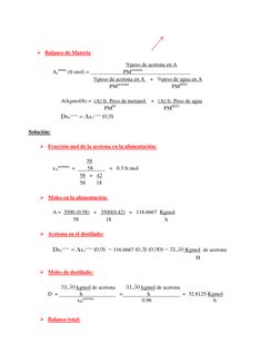  Balance de Materia 
 
 
 
 
 
 
%peso de acetona en A 
 
Ac
etona (fr.mol) =   
          PMacetona