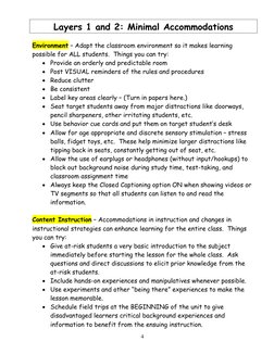 4 
Layers 1 and 2: Minimal Accommodations 
 
Environment – Adapt the classroom environment so it makes learning 
possible f